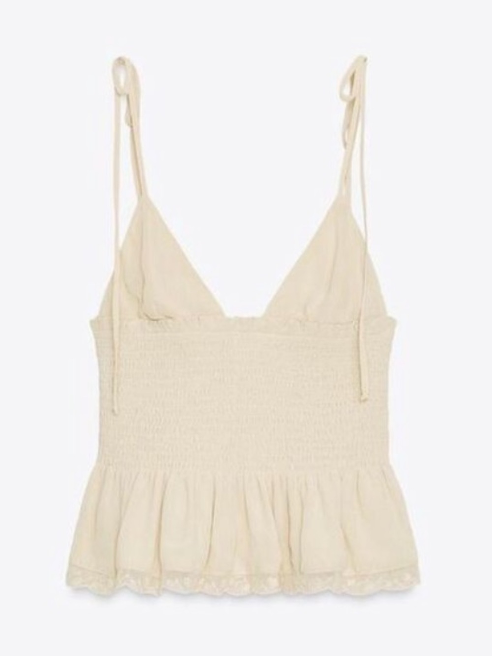Zara Beige Smocked Ruffle Tie-Strap Cami